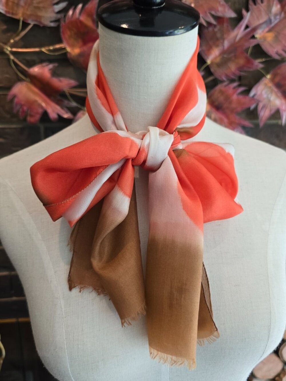 Vintage Silk Scarf, Hand‑Dyed Abstract Design, Orange-Coral, Ivory & Brown